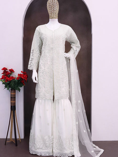 Off White Net Embroidered Sequence Designer Palazzo Suit