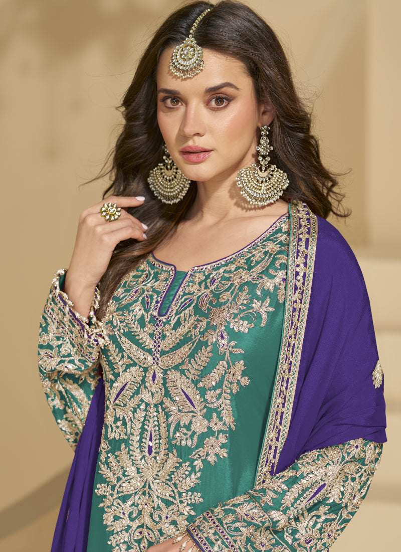 Rama Green Chinon Silk Embroidered Palazzo Suit