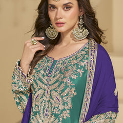 Rama Green Chinon Silk Embroidered Palazzo Suit