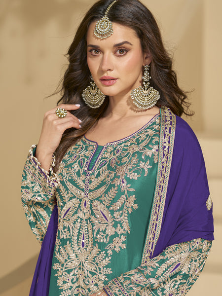 Rama Green Chinon Silk Embroidered Palazzo Suit