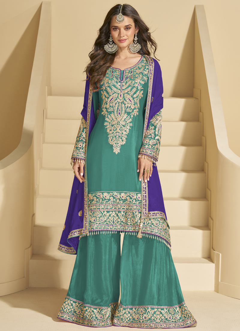 Rama Green Chinon Silk Embroidered Palazzo Suit
