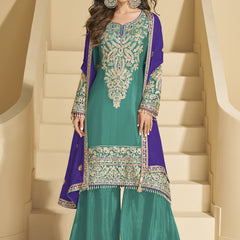 Rama Green Chinon Silk Embroidered Palazzo Suit