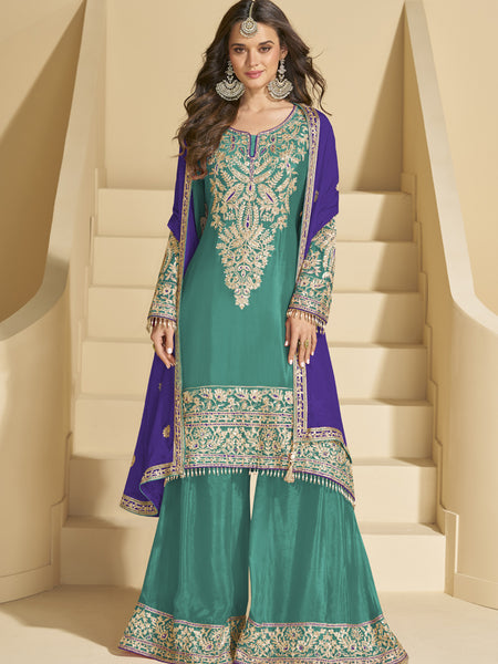 Rama Green Chinon Silk Embroidered Palazzo Suit