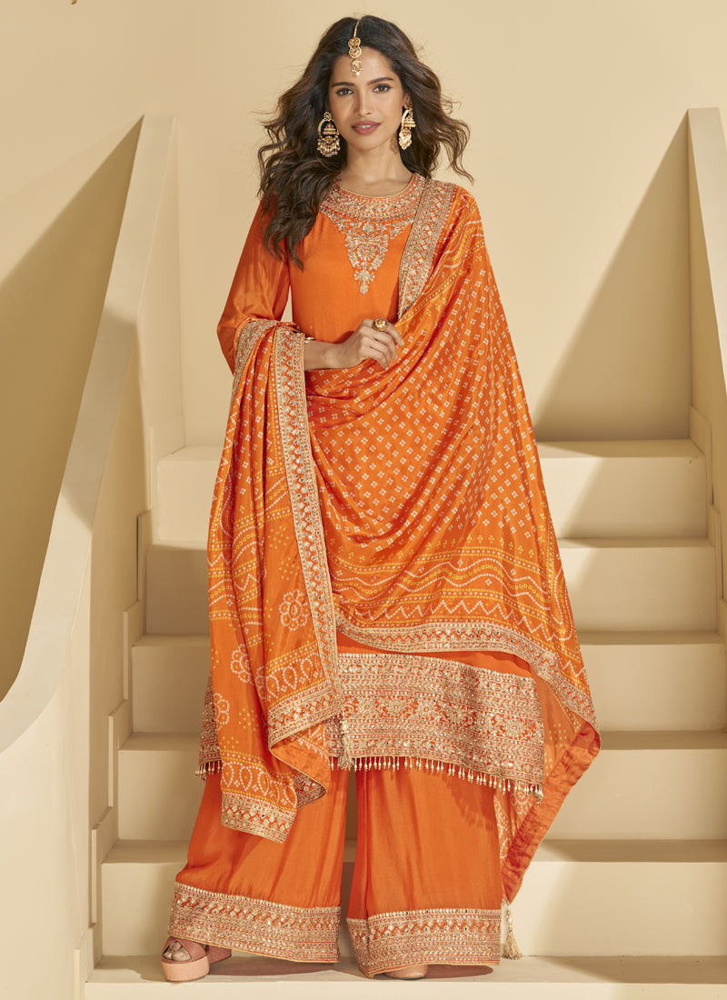 Orange Chinon Silk Embroidered Palazzo Suit