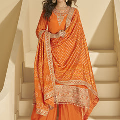 Orange Chinon Silk Embroidered Palazzo Suit