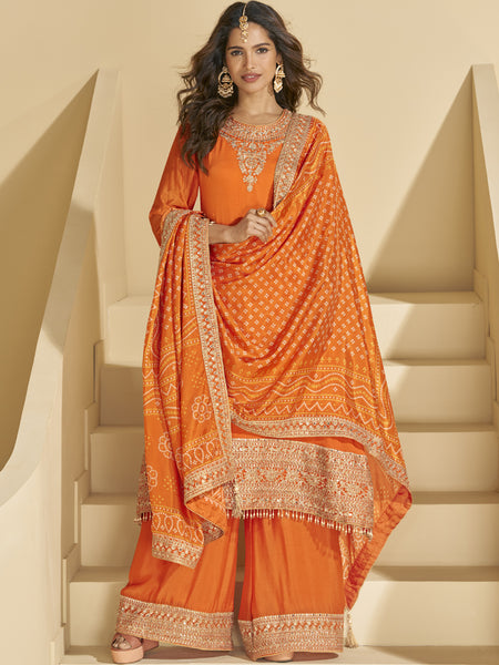 Orange Chinon Silk Embroidered Palazzo Suit