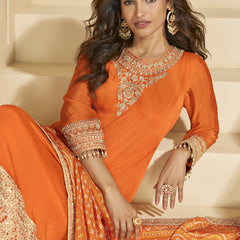 Orange Chinon Silk Embroidered Palazzo Suit