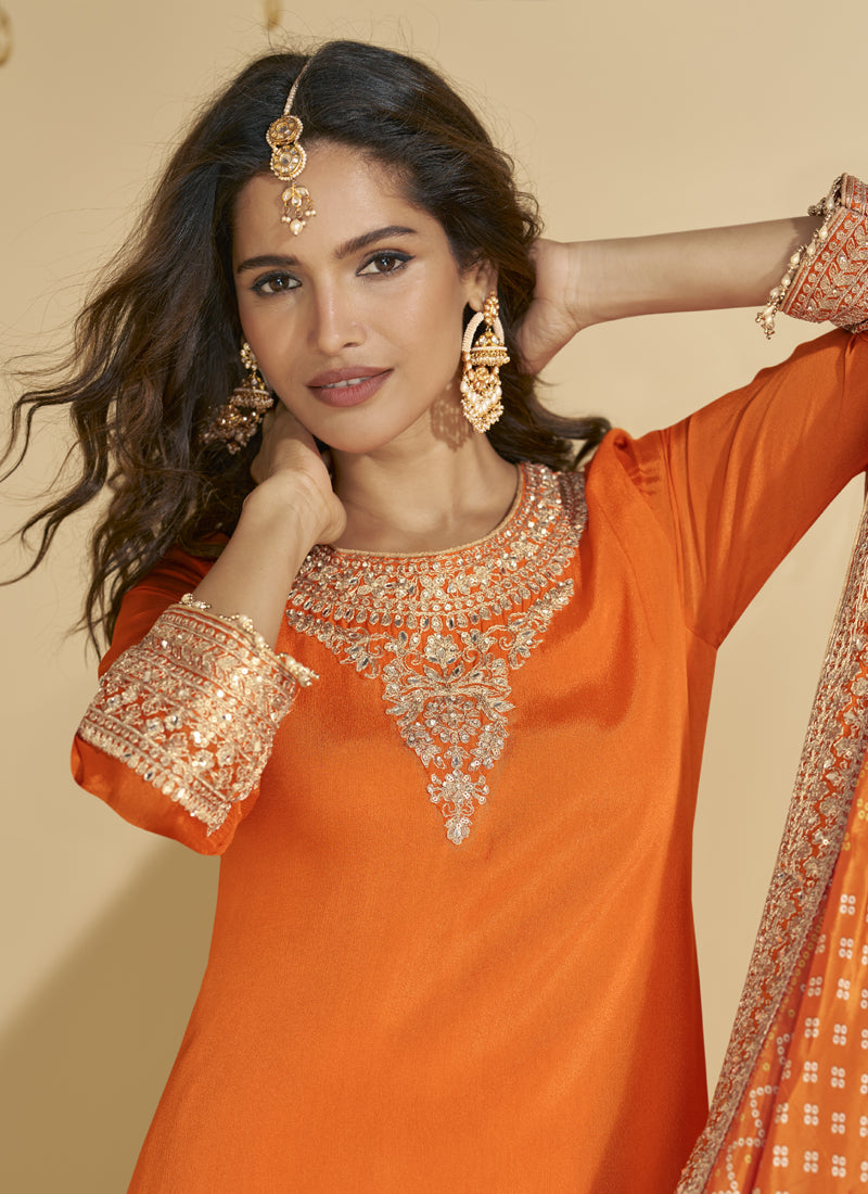 Orange Chinon Silk Embroidered Palazzo Suit