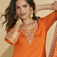 Orange Chinon Silk Embroidered Palazzo Suit