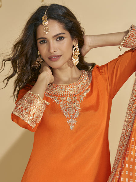 Orange Chinon Silk Embroidered Palazzo Suit