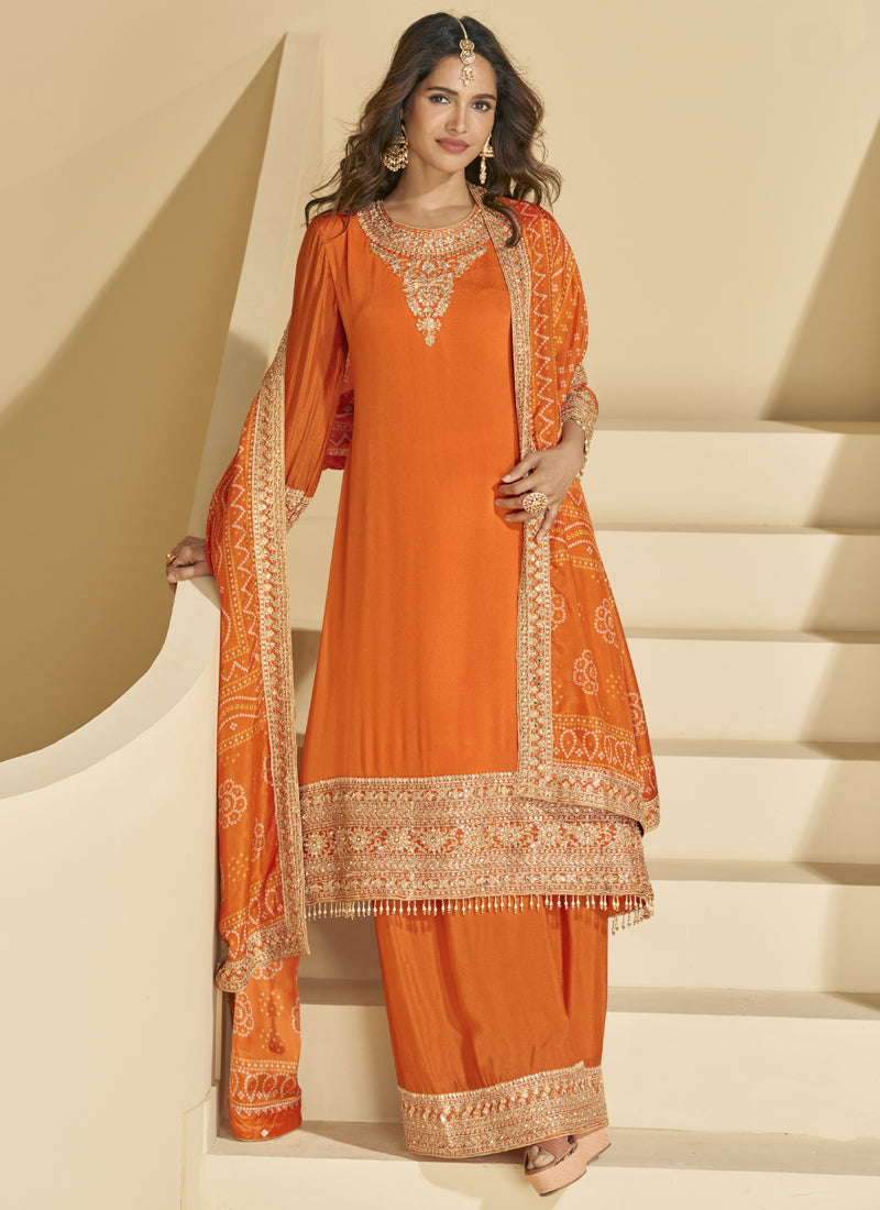 Orange Chinon Silk Embroidered Palazzo Suit