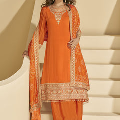 Orange Chinon Silk Embroidered Palazzo Suit