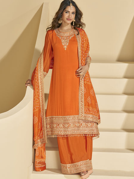Orange Chinon Silk Embroidered Palazzo Suit