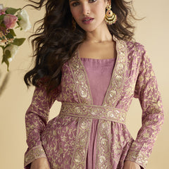 Onion Pink Chinon Silk Embroidered Designer Gown With Shrug
