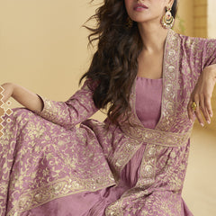 Onion Pink Chinon Silk Embroidered Designer Gown With Shrug