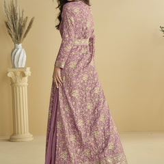 Onion Pink Chinon Silk Embroidered Designer Gown With Shrug