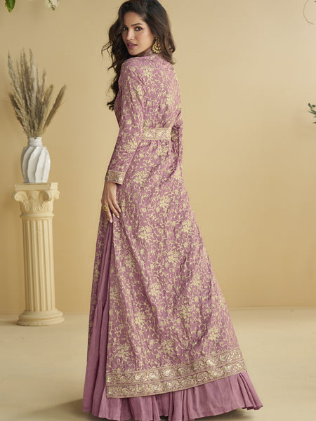 Onion Pink Chinon Silk Embroidered Designer Gown With Shrug