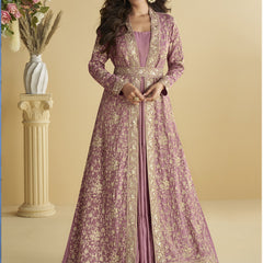 Onion Pink Chinon Silk Embroidered Designer Gown With Shrug