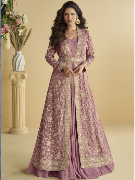 Onion Pink Chinon Silk Embroidered Designer Gown With Shrug