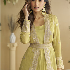 Lemon Yellow Chinon Silk Embroidered Designer Gown With Shrug