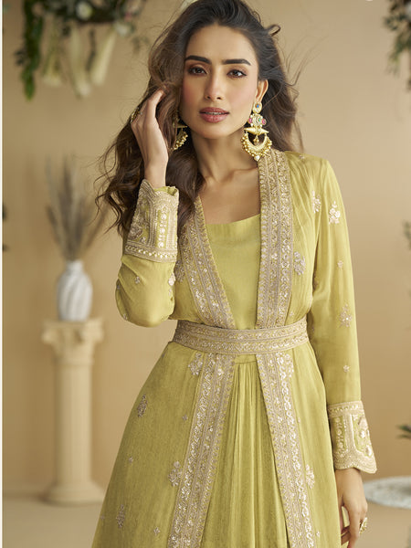 Lemon Yellow Chinon Silk Embroidered Designer Gown With Shrug