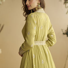 Lemon Yellow Chinon Silk Embroidered Designer Gown With Shrug
