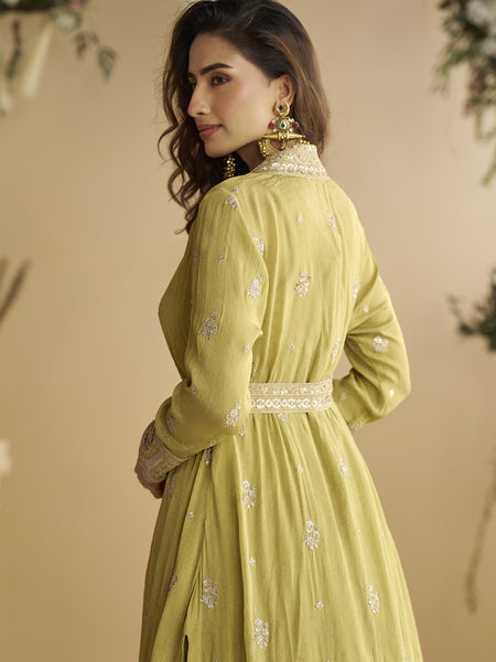 Lemon Yellow Chinon Silk Embroidered Designer Gown With Shrug