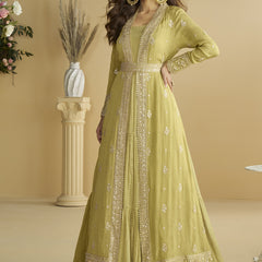 Lemon Yellow Chinon Silk Embroidered Designer Gown With Shrug