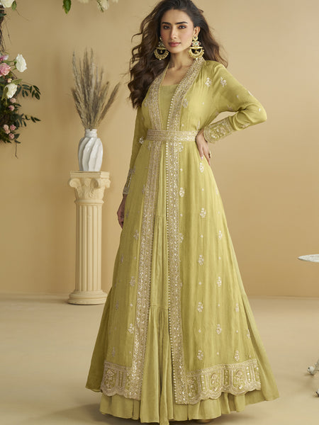 Lemon Yellow Chinon Silk Embroidered Designer Gown With Shrug