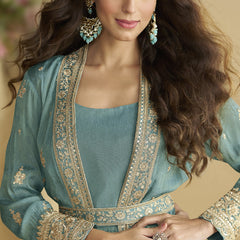 Sky Blue Chinon Silk Embroidered Designer Gown With Shrug