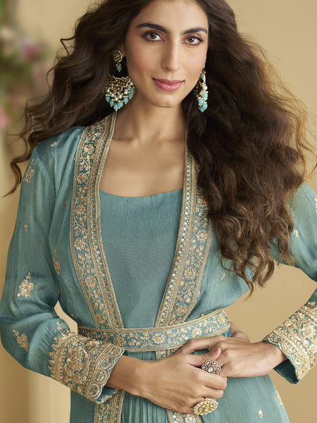 Sky Blue Chinon Silk Embroidered Designer Gown With Shrug