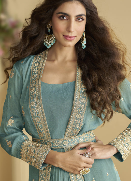 Sky Blue Chinon Silk Embroidered Designer Gown With Shrug