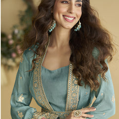 Sky Blue Chinon Silk Embroidered Designer Gown With Shrug