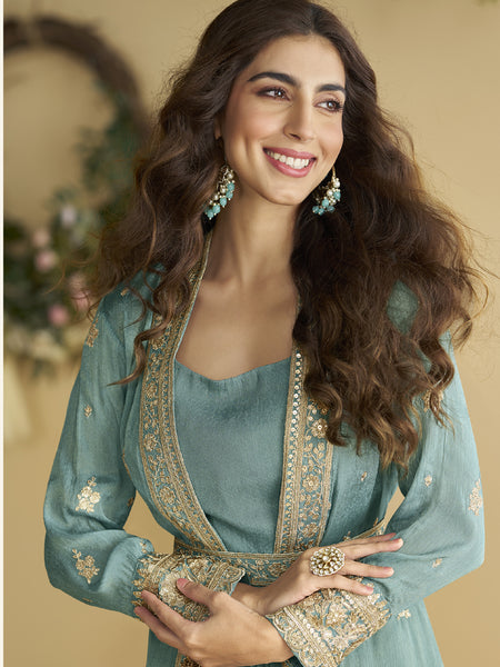 Sky Blue Chinon Silk Embroidered Designer Gown With Shrug