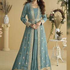 Sky Blue Chinon Silk Embroidered Designer Gown With Shrug
