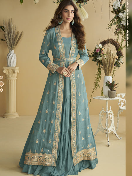 Sky Blue Chinon Silk Embroidered Designer Gown With Shrug