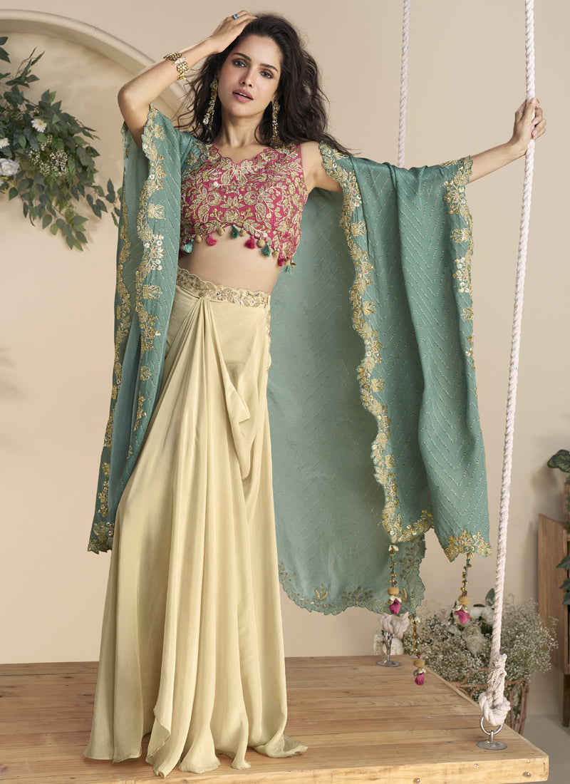 Beige Real Chinon Silk Embroidered Shrug Style Western Suit