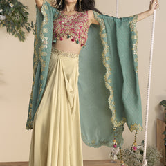 Beige Real Chinon Silk Embroidered Shrug Style Western Suit