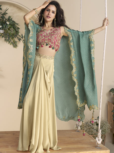 Beige Real Chinon Silk Embroidered Shrug Style Western Suit