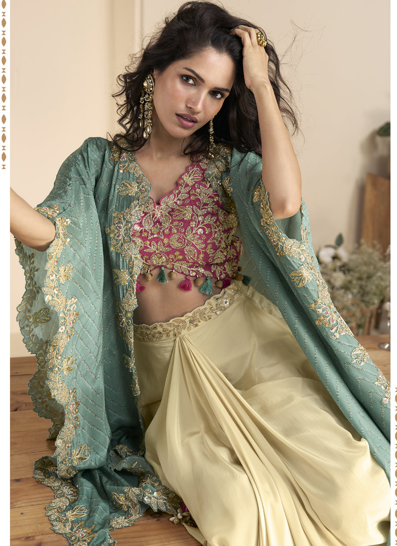 Beige Real Chinon Silk Embroidered Shrug Style Western Suit
