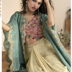 Beige Real Chinon Silk Embroidered Shrug Style Western Suit