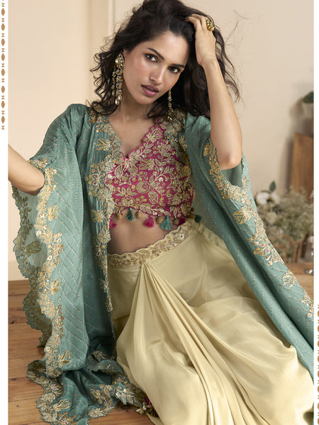Beige Real Chinon Silk Embroidered Shrug Style Western Suit
