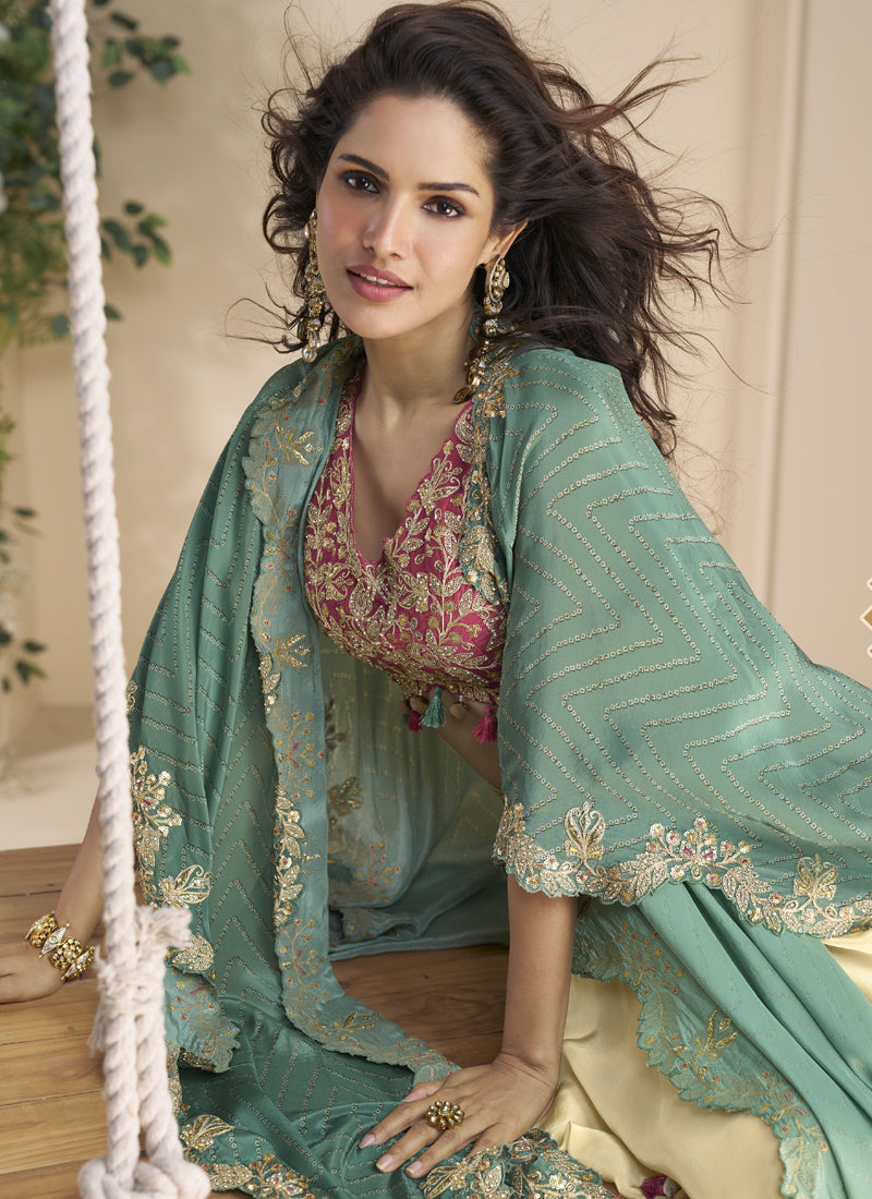 Beige Real Chinon Silk Embroidered Shrug Style Western Suit