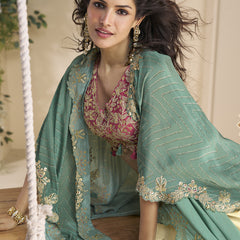 Beige Real Chinon Silk Embroidered Shrug Style Western Suit
