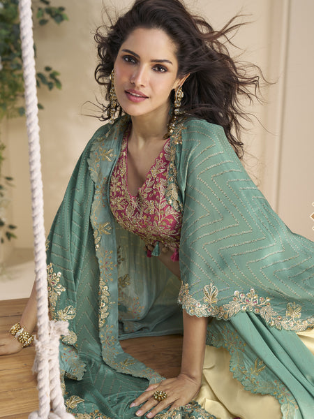 Beige Real Chinon Silk Embroidered Shrug Style Western Suit