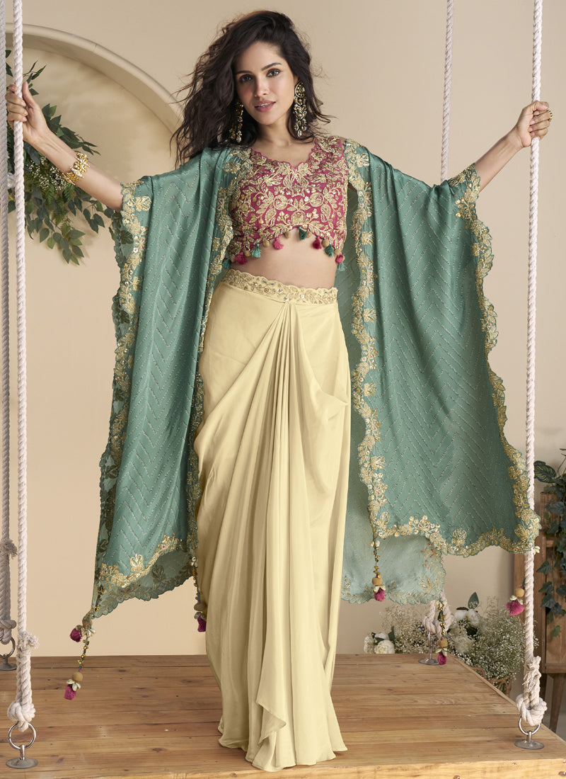 Beige Real Chinon Silk Embroidered Shrug Style Western Suit
