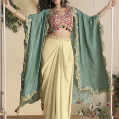 Beige Real Chinon Silk Embroidered Shrug Style Western Suit
