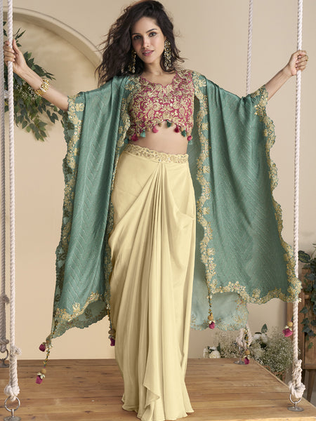 Beige Real Chinon Silk Embroidered Shrug Style Western Suit