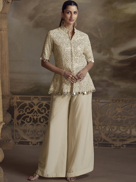 Cream Georgette Embroidered Palazzo Suit