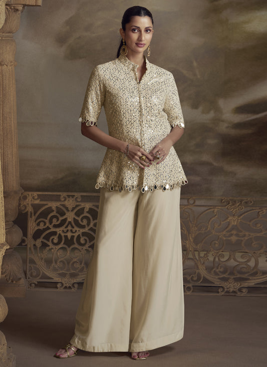 Cream Georgette Embroidered Palazzo Suit